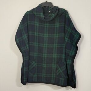 Pink Blush Green & Black Plaid Cowl Neck Hooded Poncho Cape - Size L